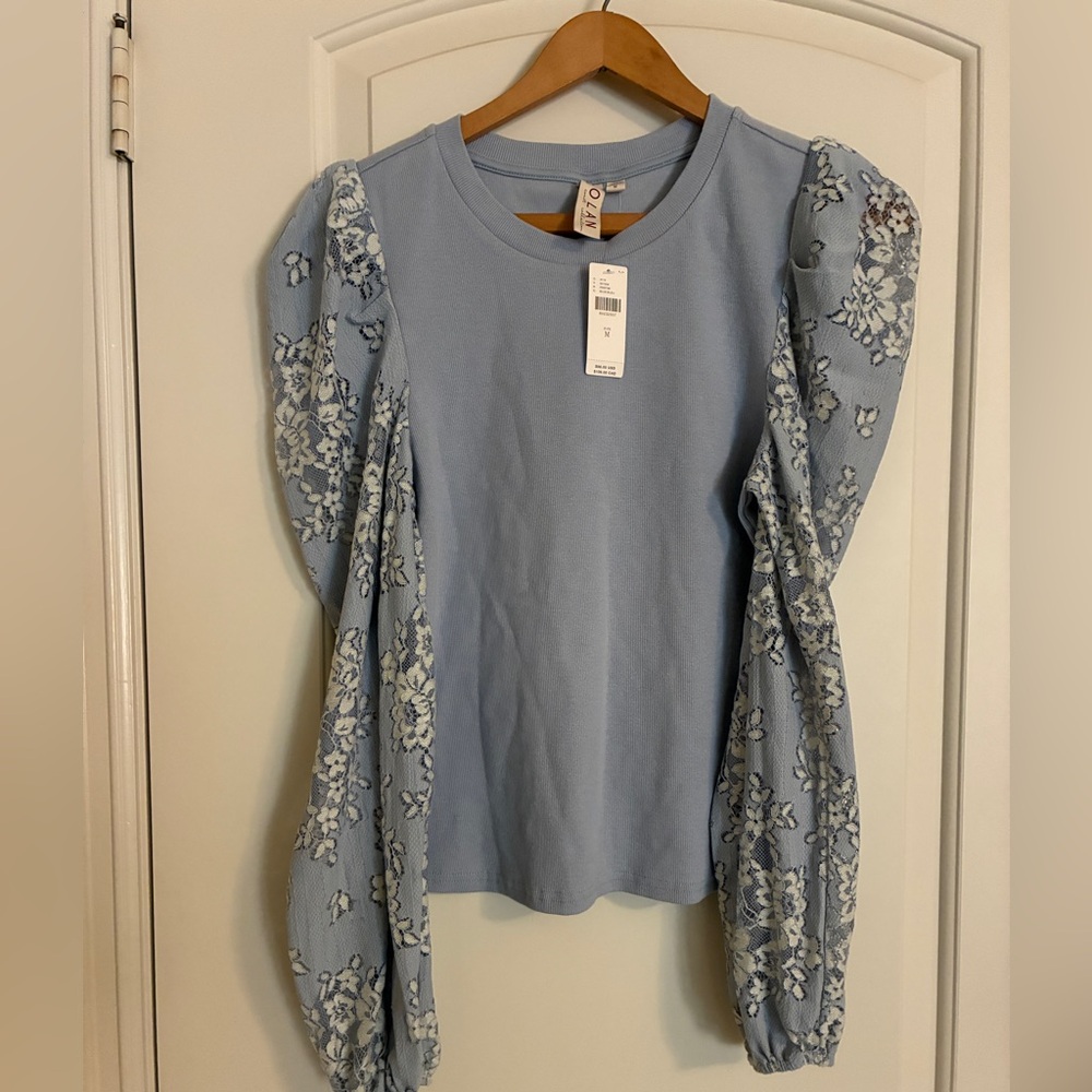 Dolan Anthropologie Puff-Sleeve Top in blue with floral lace sleeves